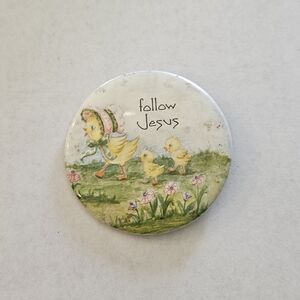 Pin Back Button Follow Jesus Ducks Chicks Easter 2.25 In Religious